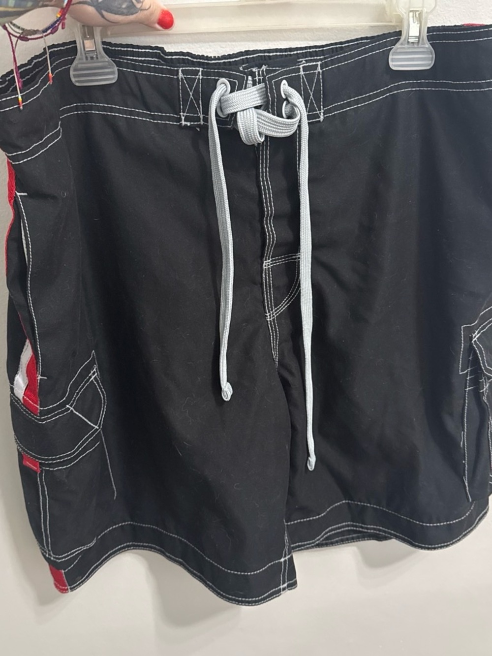 OP Black Cargo Swim Shorts with Red Accents